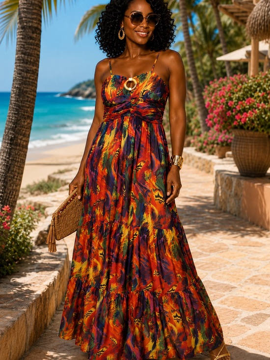 Dresses & Skirts - NWOT Spaghetti-Strap Maxi Dress in Fiery Multicolor Print